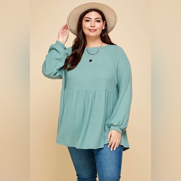 Be Stage Full Size Texture Babydoll Round Neck Long Sleeve Knit Top